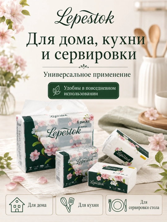 Qo‘l va yuz uchun Lepestok Qog‘oz salfetka, 6 qatlam, 70 dona