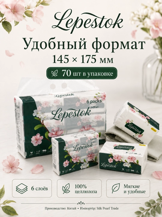 Qo‘l va yuz uchun Lepestok Qog‘oz salfetka, 6 qatlam, 70 dona