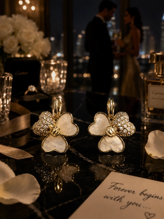 Серьги женские, Van Cleef, с фианитами, золотистые и серебристые