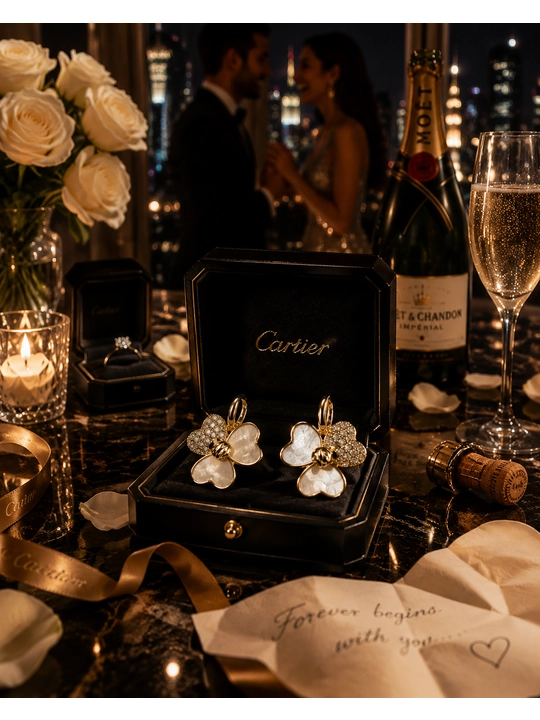 Серьги женские, Van Cleef, с фианитами, золотистые и серебристые