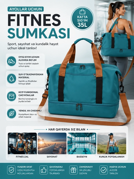 Ayollar uchun katta sumka, suv o‘tkazmaydigan, sayohat va qo‘l yuki uchun sumka - 