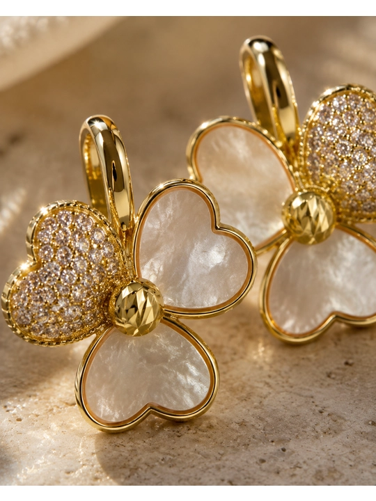 Серьги женские, Van Cleef, с фианитами, золотистые и серебристые - 