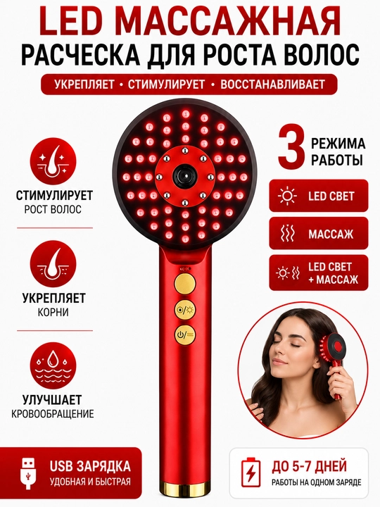 LED lazerli bosh terisi massaj tarog'i, soch o'stiruvchi, USB, 3 rejim - 