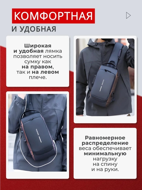 Мужская сумка через плечо с USB, кодовым замком, антивор, водонепроницаемый слинг