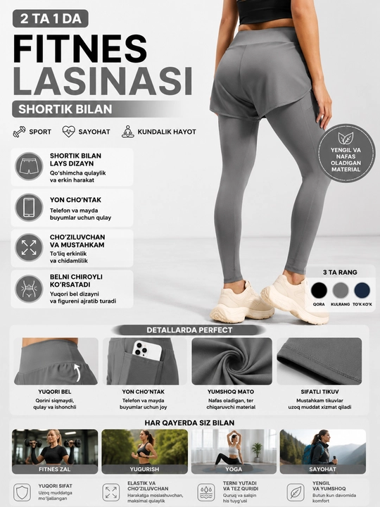 Ayollar sport losinasi, yuqori belli leggings, fitness va kundalik kiyim uchun - 