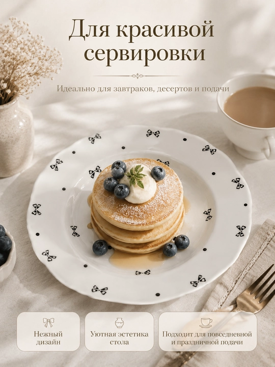 Керамическая посуда LÄTT LIV с принтом бантиков, белая, 4 предмета