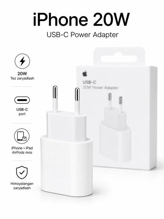 20W USB-C zaryadchik (ORG) iPhone X, 11, 12, 13, 14, 15, 16, 17 uchun, quvvatlash - 