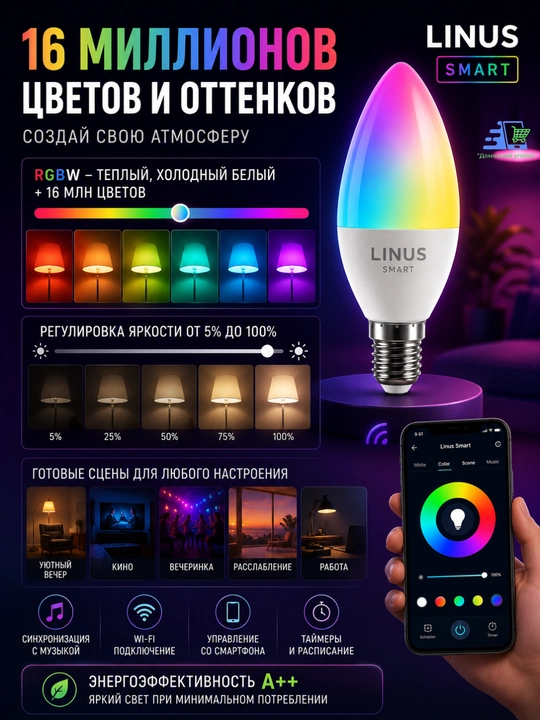 LINUS Smart RGBW aqlli lampa – 9 Vt / 5 Vt - 16 million rang, Wi-Fi orqali boshqaruv
