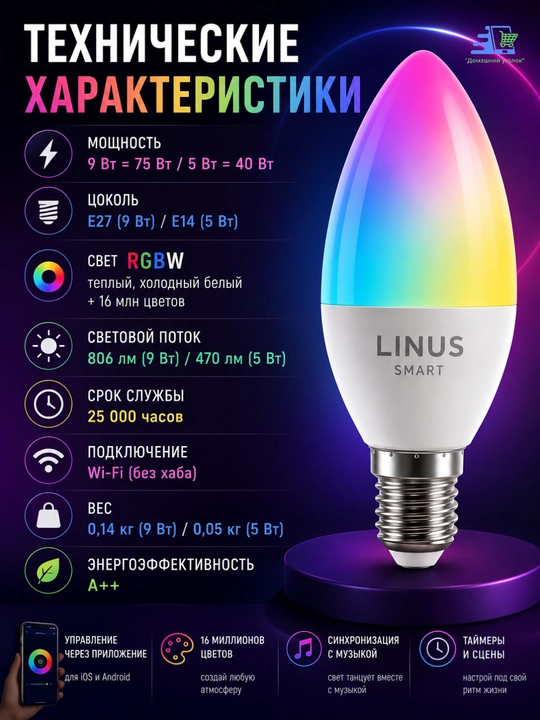 LINUS Smart RGBW aqlli lampa – 9 Vt / 5 Vt - 16 million rang, Wi-Fi orqali boshqaruv