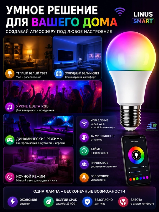 LINUS Smart RGBW aqlli lampa – 9 Vt / 5 Vt - 16 million rang, Wi-Fi orqali boshqaruv