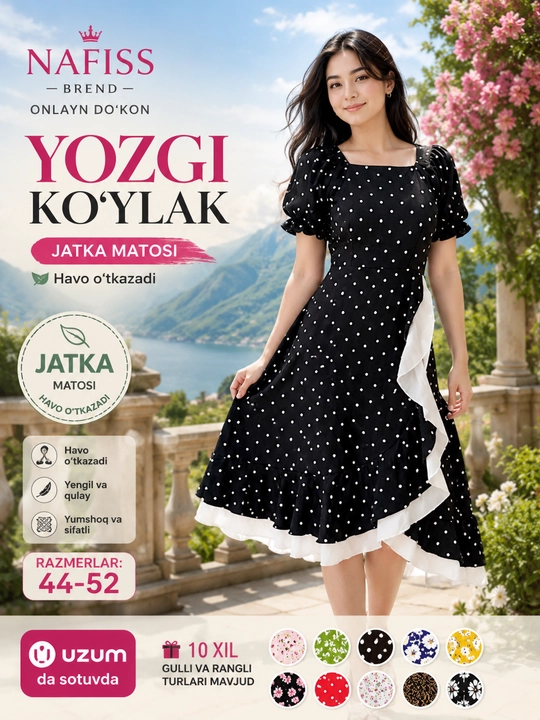 Ayollar uchun yengil va nafis yozgi ko‘ylak, nozik didli ayollar uchun - 