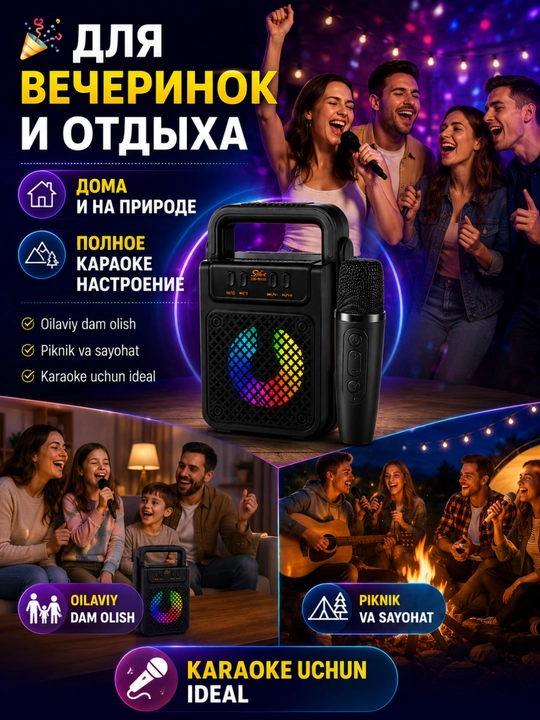 Simsiz karaoke karnay mikrofon bilan, Bluetooth portativ kolonka 8W, USB, TF, RGB LED
