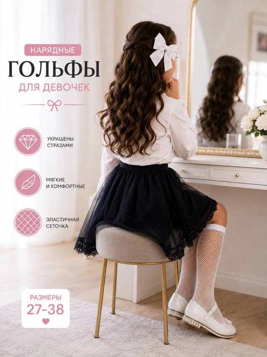 Гольфы для девочек белые в сетку со стразами школьные нарядные для школы и праздника