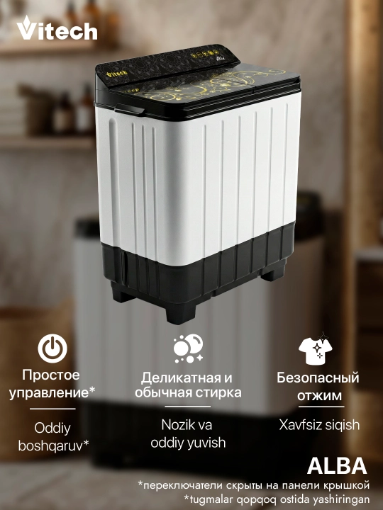 Yarim avtomatik kir yuvish mashinasi Vitech Alba ST001, vertikal yuklash, 6,5 kg