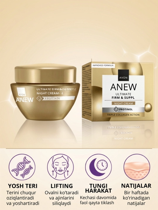 Avon Anew Ultimate ajinlarga qarshi, terini mustahkamlovchi va yumshatuvchi tungi krem