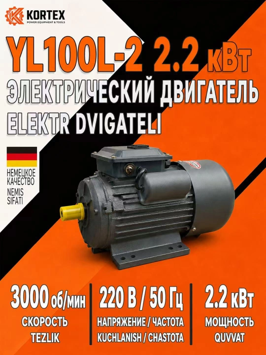 Bir fazali elektrodvigatel 220V 50Gts 3000 ayl/min IP55 sokin, ishonchli