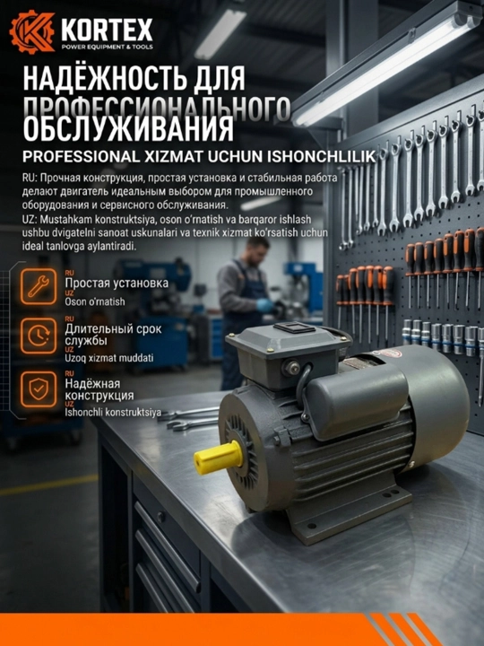 Bir fazali elektrodvigatel 220V 50Gts 3000 ayl/min IP55 sokin, ishonchli