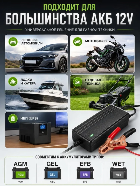 Зарядное устройство импульсное для авто аккумулятора 12V / 24V 2A-6A