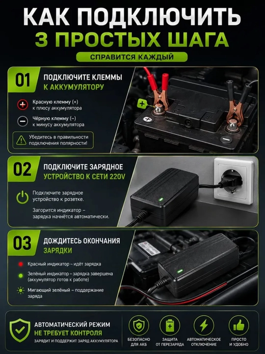 Зарядное устройство импульсное для авто аккумулятора 12V / 24V 2A-6A