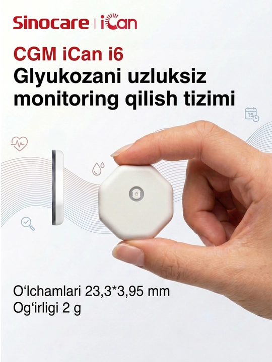Glyukozani uzluksiz monitoring tizmi ICan i6 Sinocare CGM, 15 kun,  (2+ yosh)