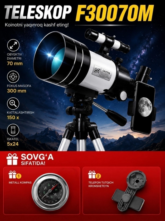 Teleskop F30070, obyektiv diametri 70 mm, 150x kattalashtirish, tripod bilan | telescope