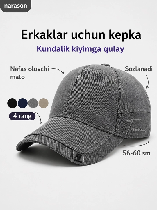 Erkaklar kepkasi, NARASON, klassik dizayn, sozlanadigan, 5 rang