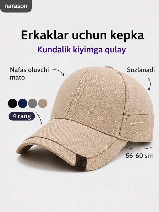 Erkaklar kepkasi, NARASON, klassik dizayn, sozlanadigan, 5 rang