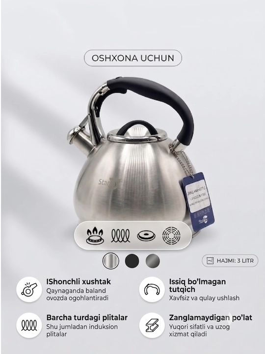 Современный, прочный металлический чайник Starlux с двойным дном 3L - 