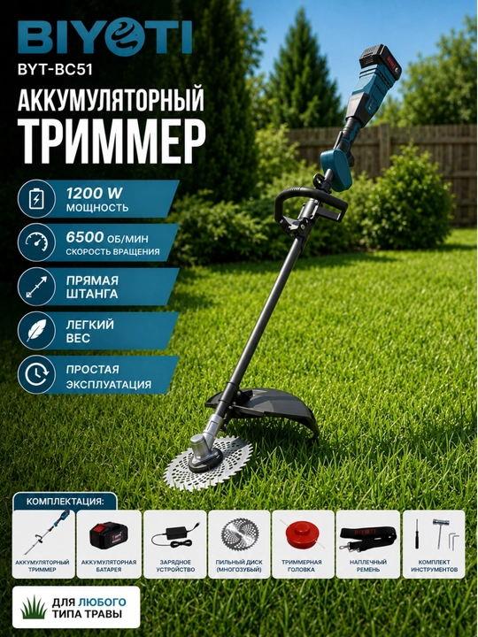 Akkumulyatorli cho'tkasiz o't o'rgich trimmer BIYOTI BYT-BC51 1200W, 6500 ayl/daq