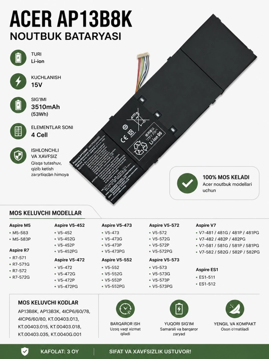 Acer AP13B8K noutbuk batareyasi 15V 3510mAh 53Wh Li-ion - 