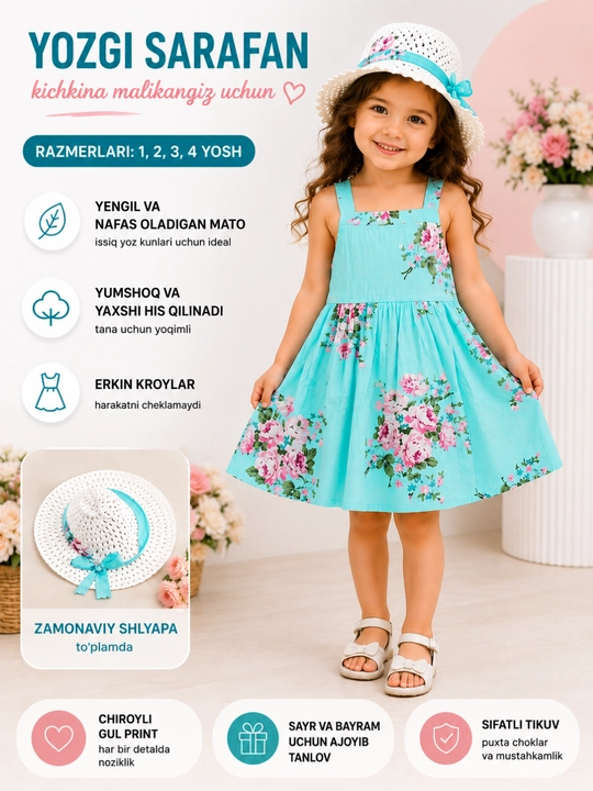 Qizaloqlar sarafani, qiz bolalar kiyimi, qulay sarafan 