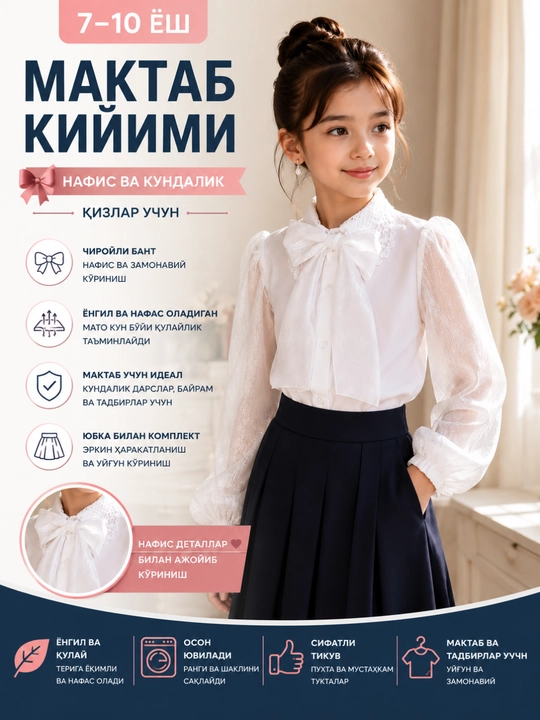 Qizlar uchun oq bantli maktab koftasi 7-10 yosh qulay va nafis bluzka - 
