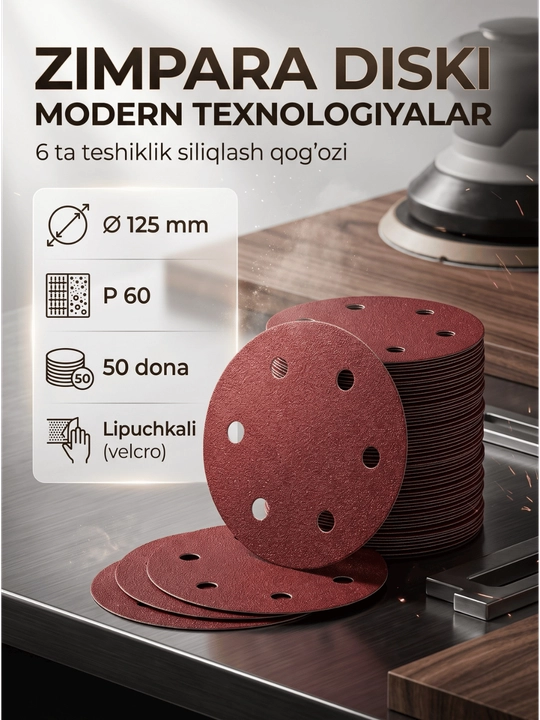 Diametri 125 mm bo‘lgan 6 ta teshikli yelimlagichli jilvirlash g‘ildiragi