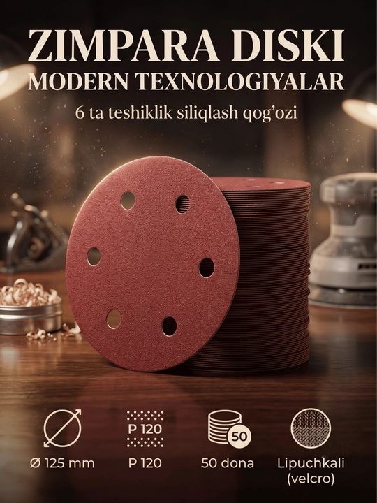 Diametri 125 mm bo‘lgan 6 ta teshikli yelimlagichli jilvirlash g‘ildiragi