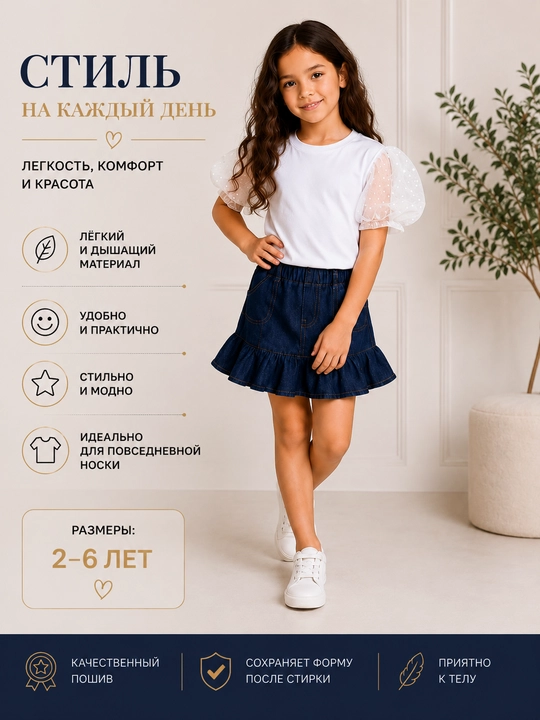 Qiz bola uchun to‘plam, futbolka va yubka, maktab formasi - 