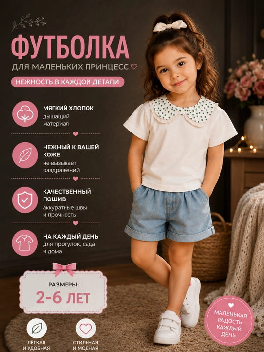 Qiz bola uchun oq rangli yoqali futbolka - 