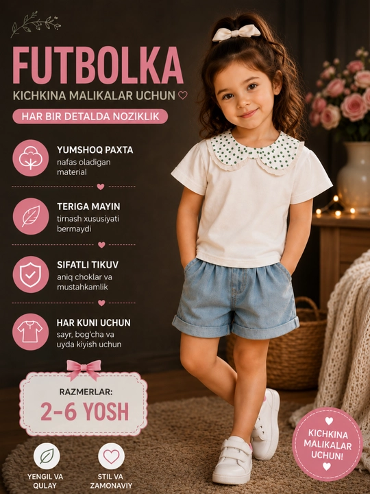 Qiz bola uchun oq rangli yoqali futbolka