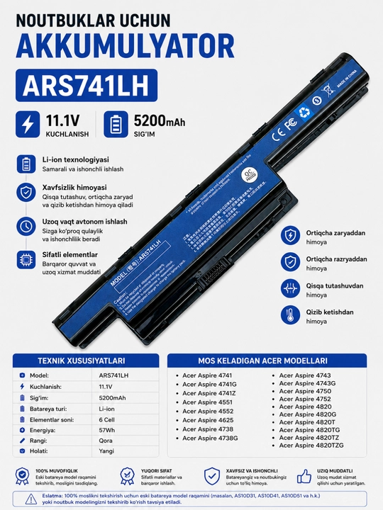 Аккумулятор для ноутбука Acer Aspire 4741 / 4741G / 4743 / 4750 / 4820 ARS741LH 11.1V - 