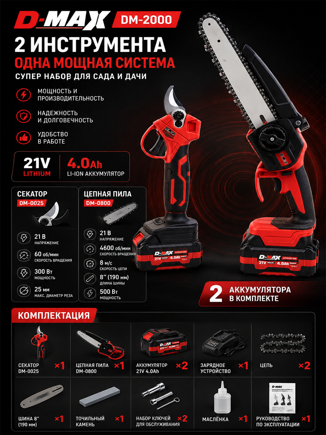 Аккумуляторный садовый набор D-MAX DM-0025/0800 21V (мини-пила 8" и секатор, 2 шт 4.0 Ач) - 