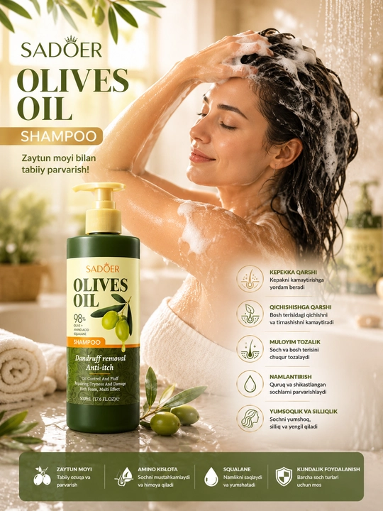 SADOER Olives Oil Shampoo – Zaytun yog'li soch shampuni, 800 ml