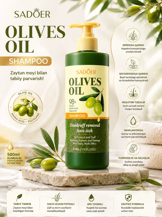 SADOER Olives Oil Shampoo – Zaytun yog'li soch shampuni, 800 ml - 
