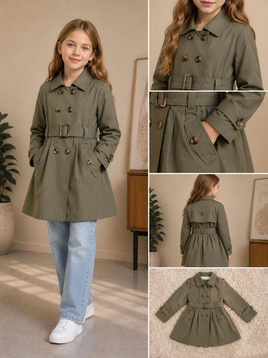 Qiz bolalar uchun klassik trench palto – kamarli kuzgi plash - 