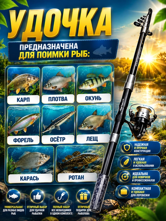 Cпиннинг для рыбалки, телескопическое, компактное удилище в сборе