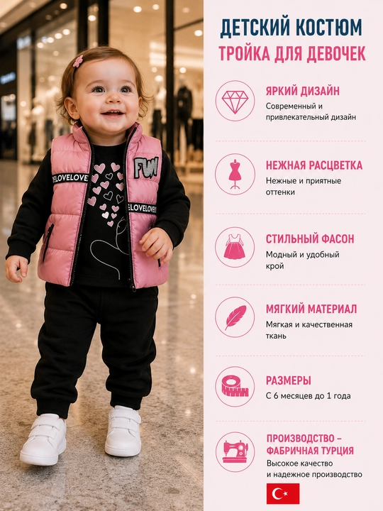 Qizlar uchun uch qismli kostyum: kofta, shim va issiq nimcha