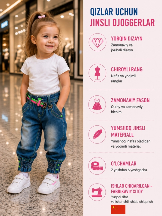 Qizlar uchun jinsi jogger shimlar, denim matodan tikilgan zamonaviy bolalar shimlari - 