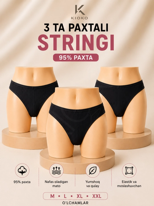 Kioko ayollar stringi trusiklari. Ayollar uchun paxtali trusiklar