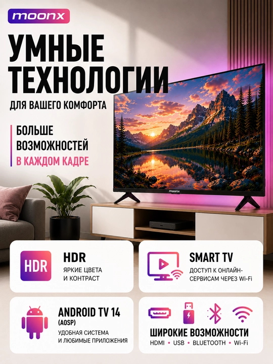 Телевизор MoonX 55", 43" 4K UltraHD, Smart, HDR поддержка, пульт в комплекте
