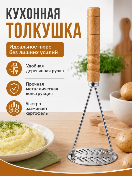 Yog'och tutqichli kartoshka maydalagich, 27.5 sm - 