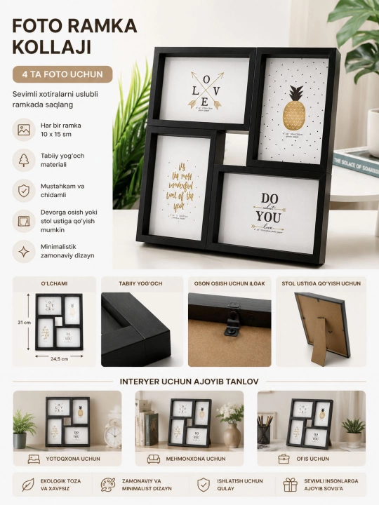 Yog'och kollaj foto ramka – 4 ta 10×15 sm - 