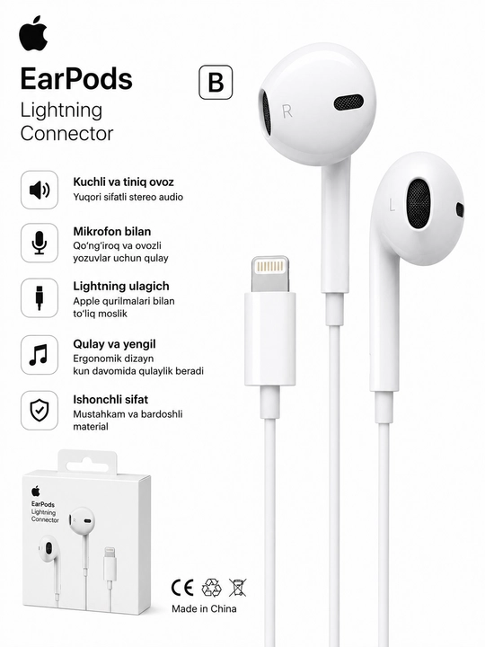 Simli quloqchin EarPods Lightning mikrofoni bilan, iPhone va iPad uchun stereo naushnik - 